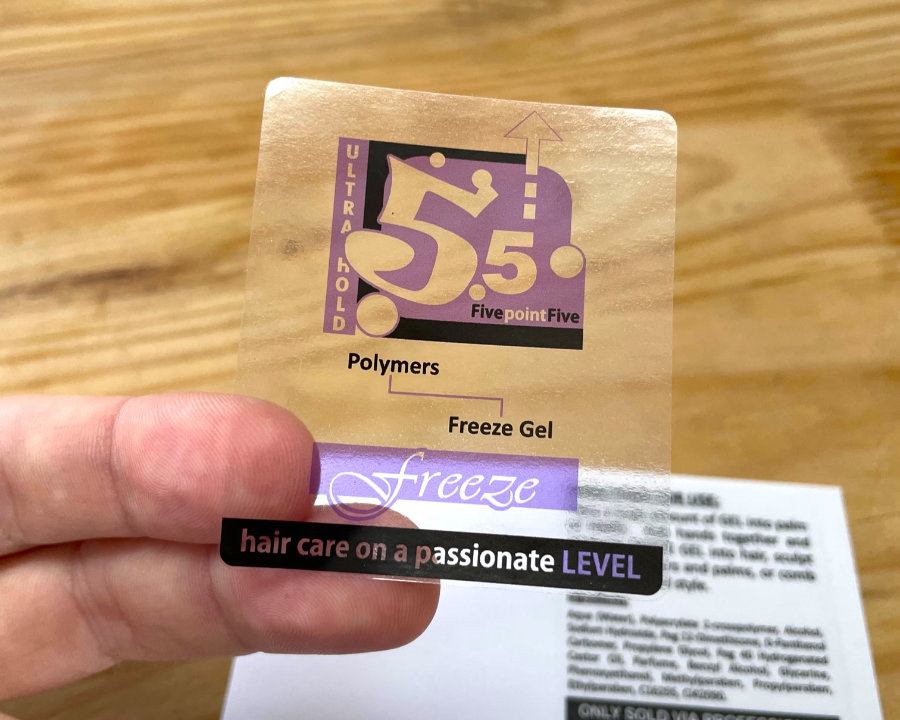 Clear gold-foil product label sticker for Freeze Gel hair care