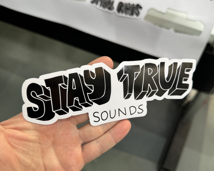 Black and white Stay True Sounds die-cut sticker